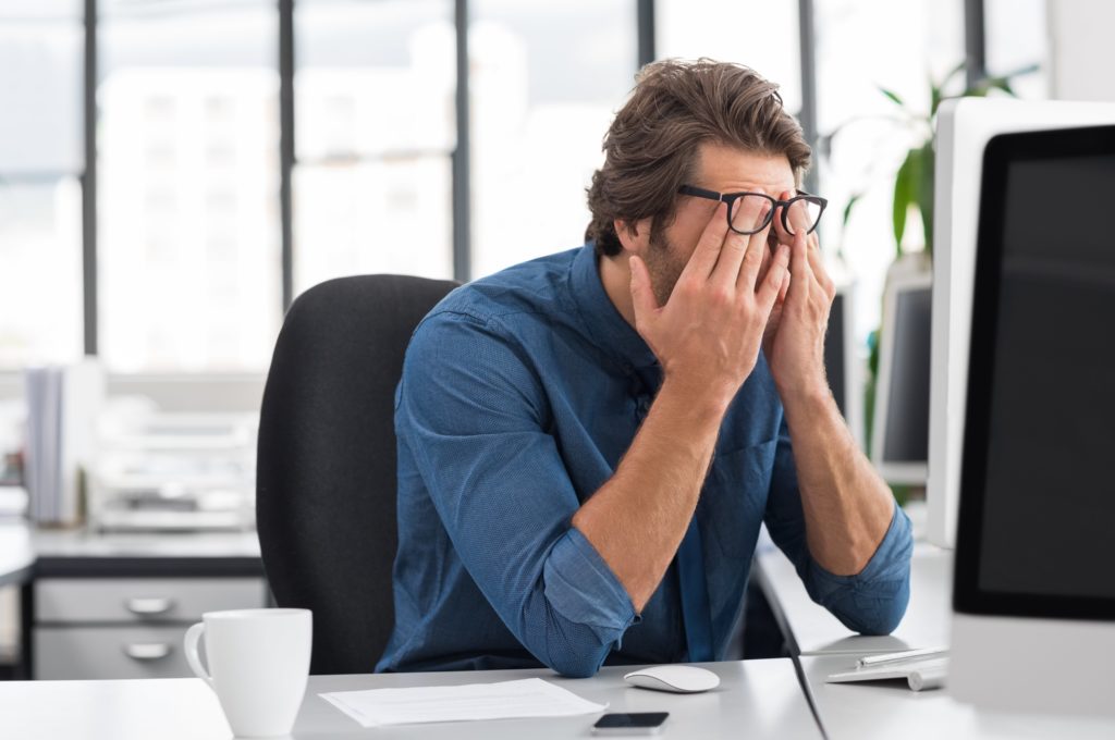 Symptoms of computer vision syndrome include: eye fatigue and discomfort, dry eyes, headaches, blurred vision, neck and shoulder pain, eye twitching and red eyes.