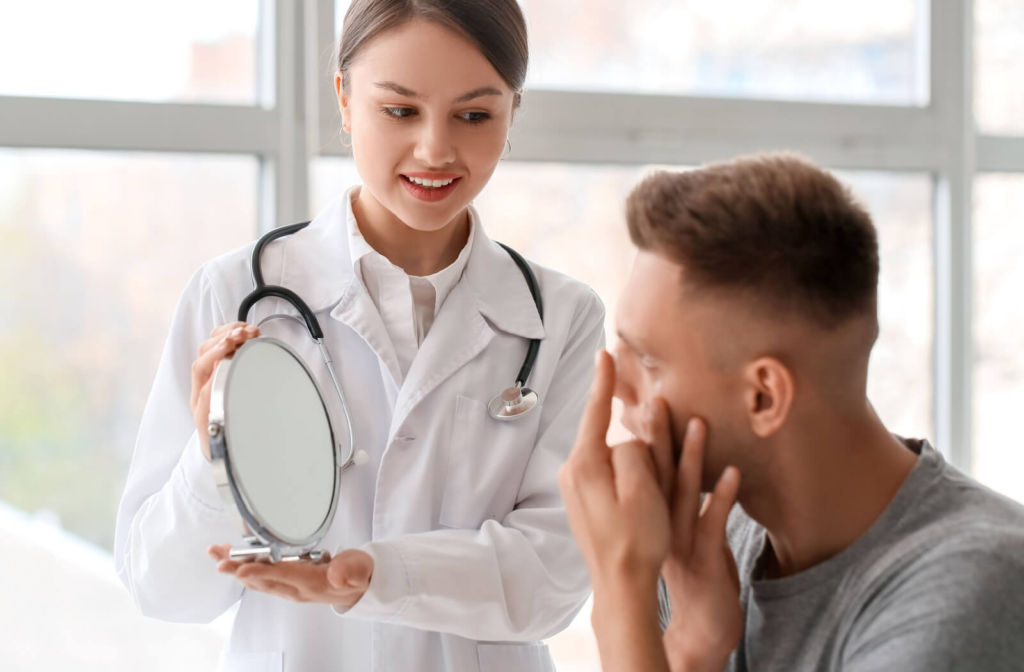 A young man fitting in his new prescribed contact lens at an ophthalmologist's office