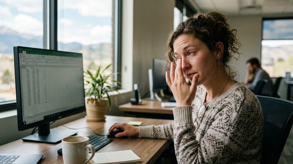 Person rubbing their dry, irritated eyes at a desk during the workday.