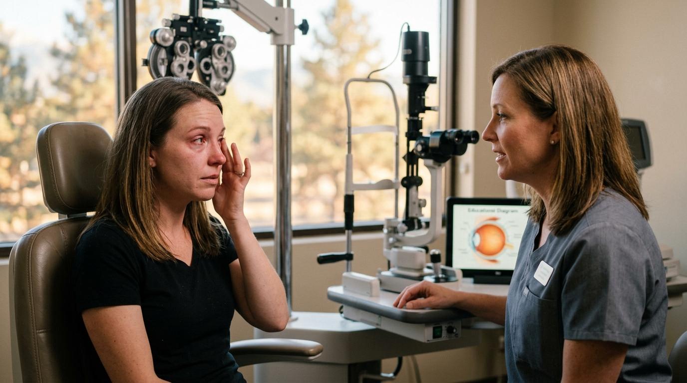 Person rubbing their eye with a look of discomfort, representing ongoing eye irritation, burning, or blurry vision.