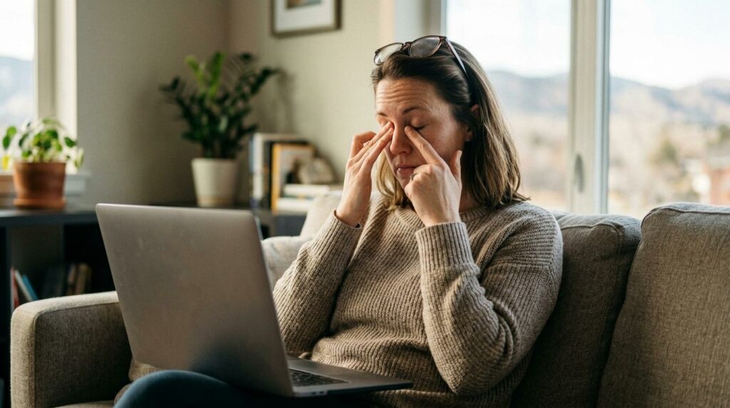 Person rubbing their eyes with hands, appearing fatigued and uncomfortable from dryness or irritation