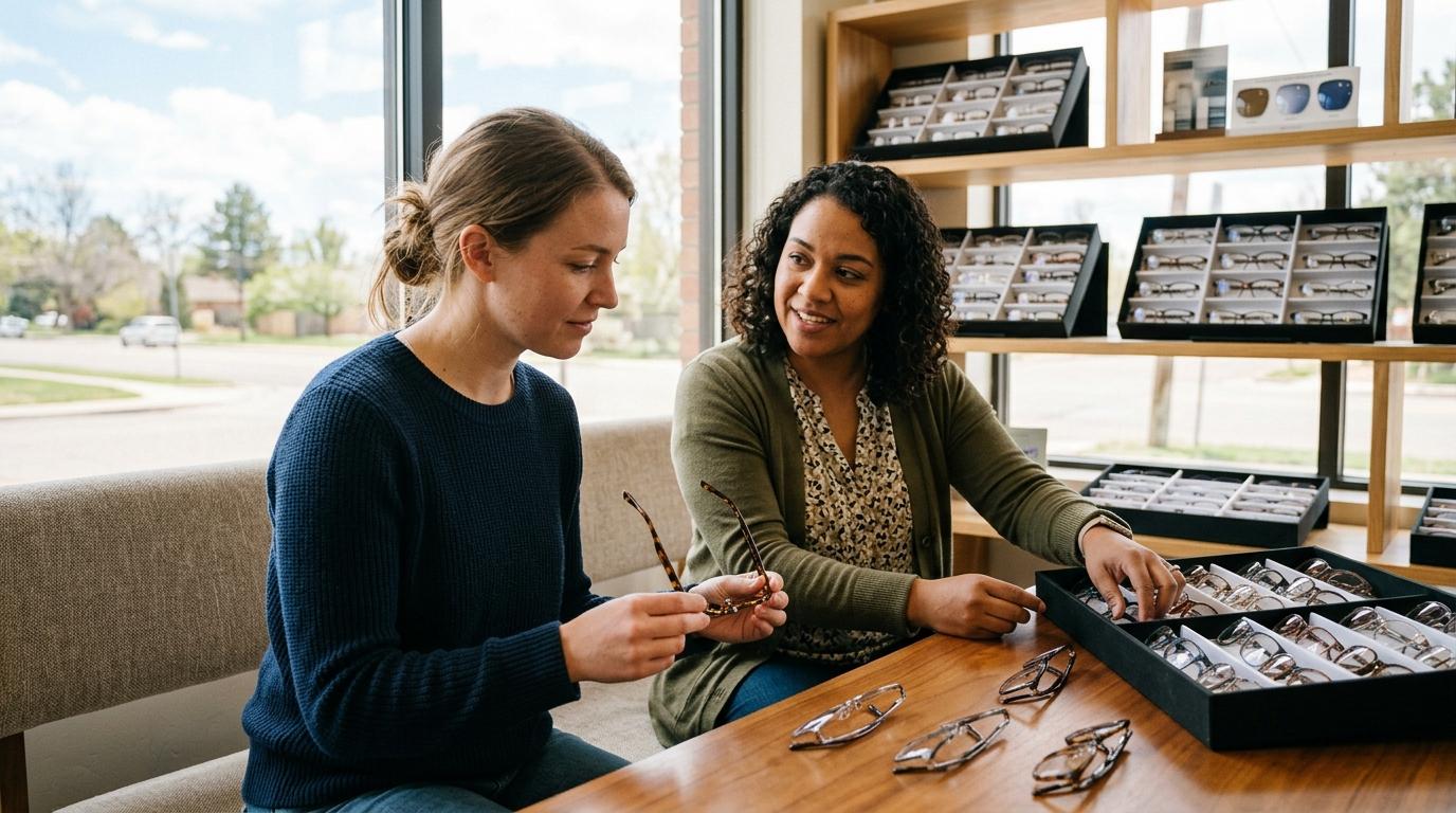 An optician helping a patient choose glasses that suit them