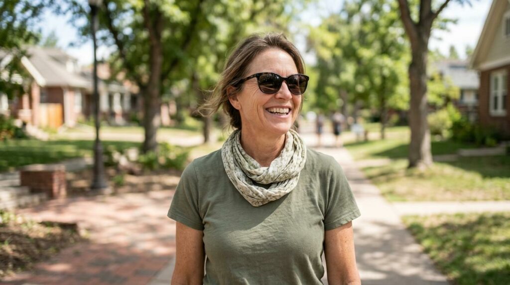 Person wearing sunglasses and smiling outdoors, representing a positive patient experience in eye care.