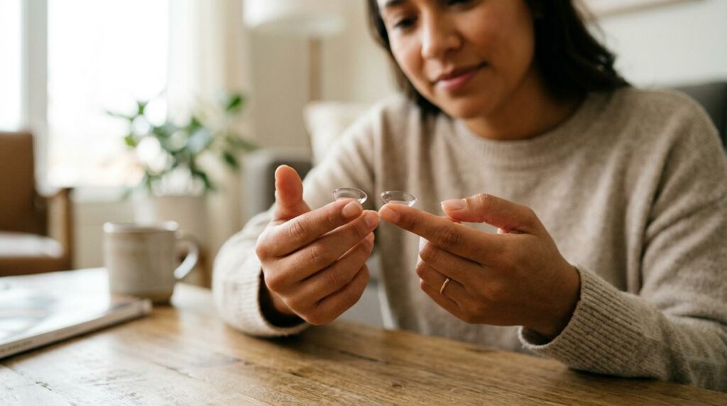 Person holding a pair of clear scleral contact lenses for vision correction.