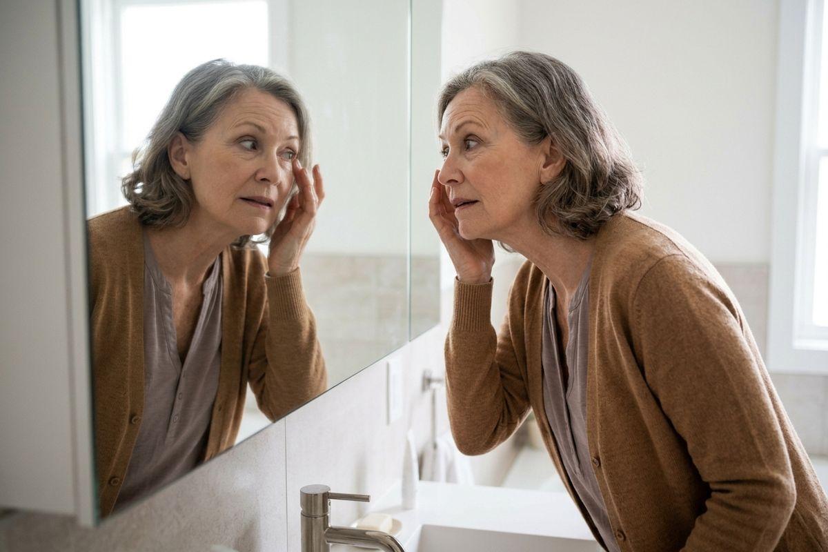 An older adult in a brown cardigan leans toward a bathroom mirror, touching their face and examining their skin.