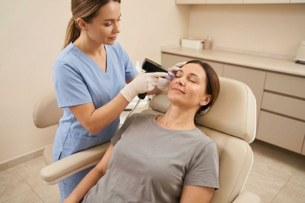 Clinician holding a morpheus 8 device to the closed eye of a reclining patient in a room.