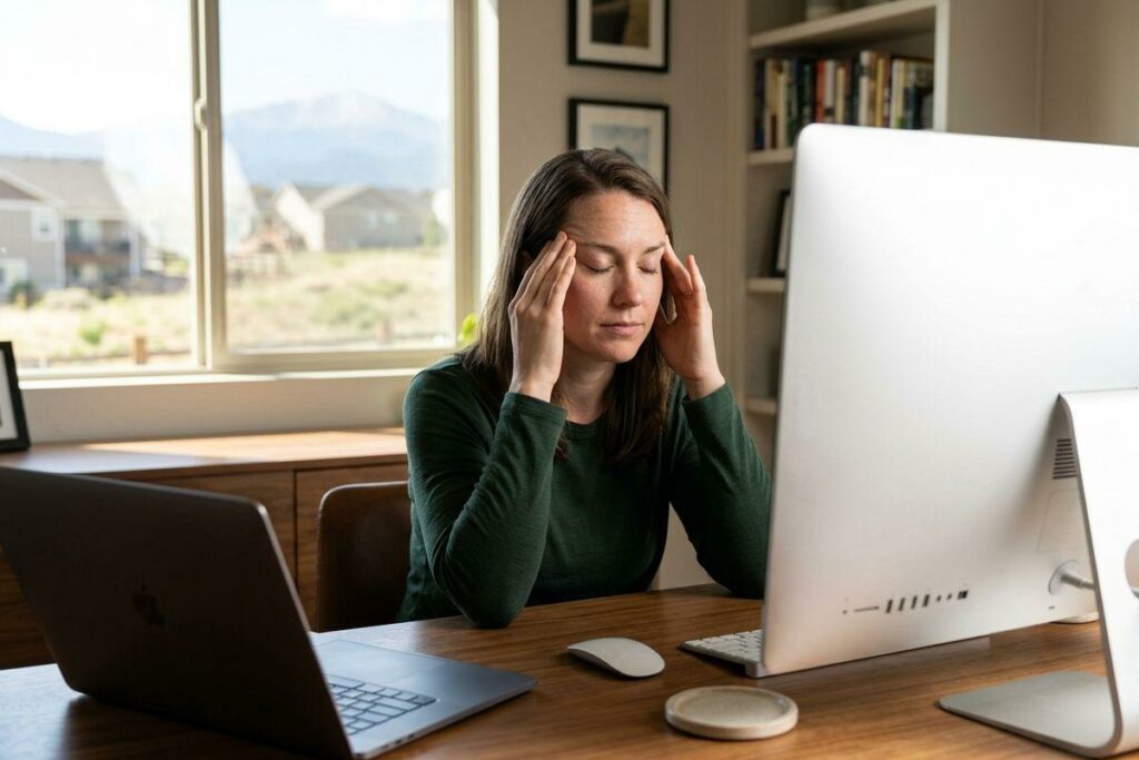 Person at a desk with eyes closed, rubbing temples, in front of a computer monitor and laptop near a window.