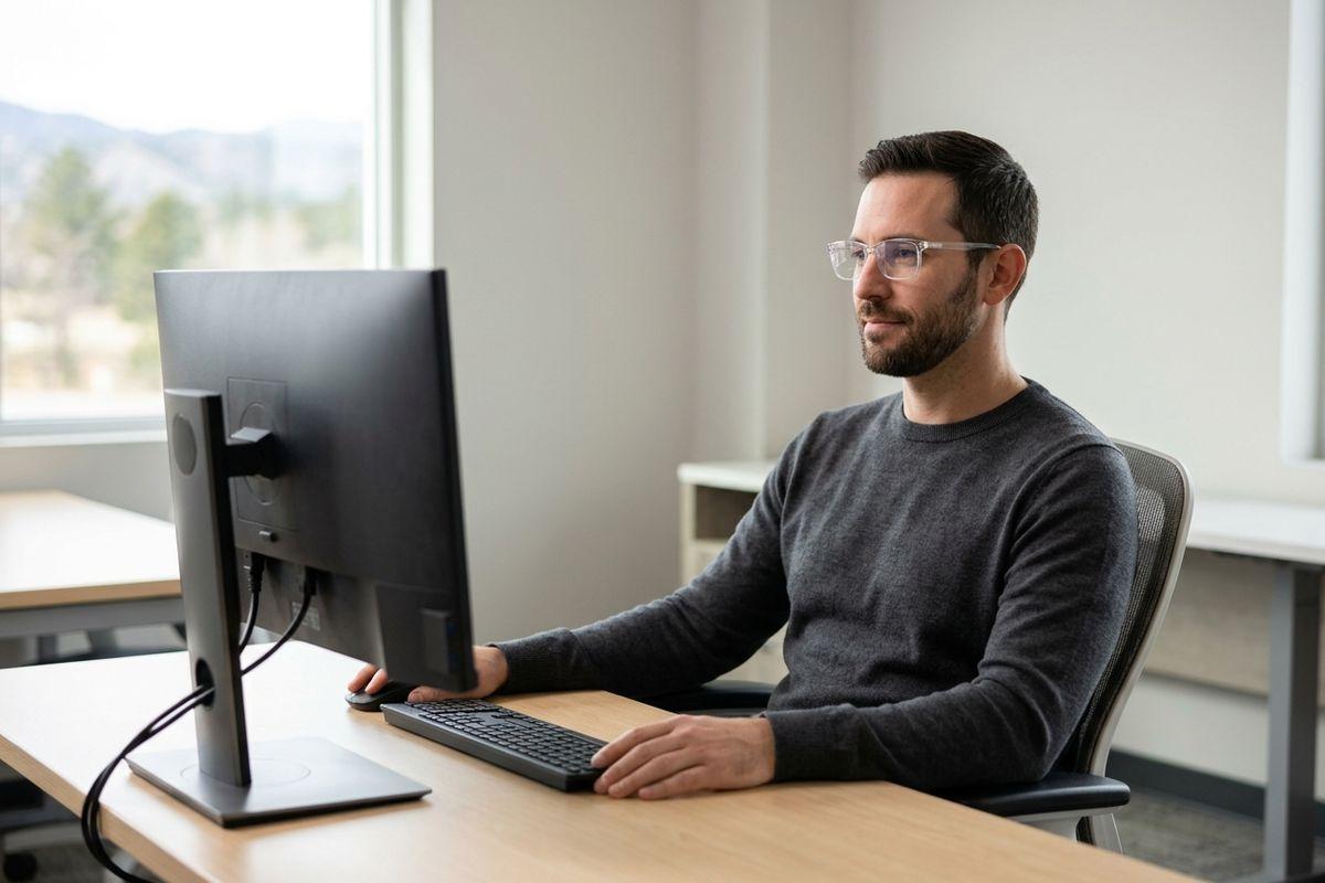 Person in glasses and a gray sweater working at a desktop computer in an office.