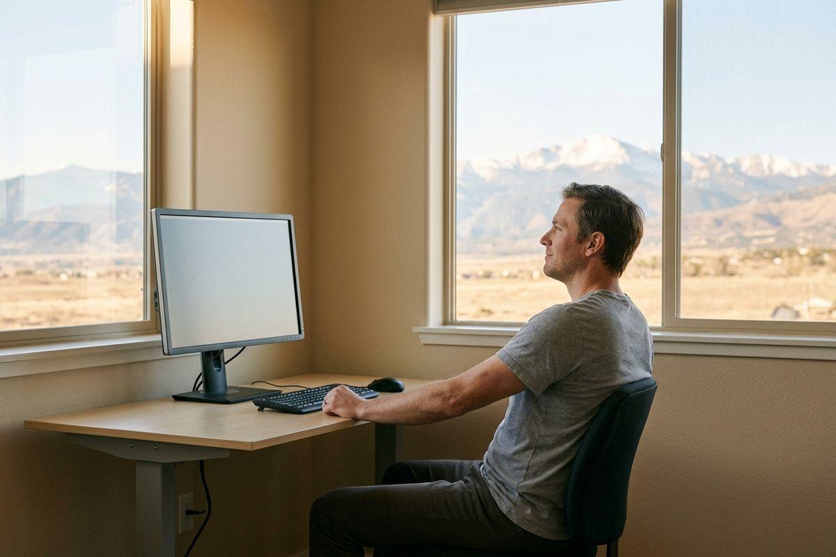 Adult sitting at desk with computer monitor, gazing out large windows at mountain landscape.