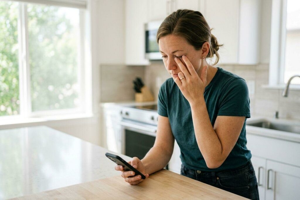 Adult standing in a kitchen, rubbing eye while looking at a phone, appearing upset.