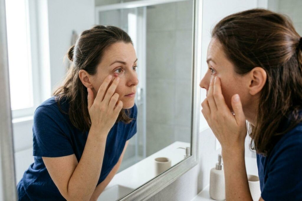 Person examining under-eye area closely in bathroom mirror, pulling down lower eyelid with finger.