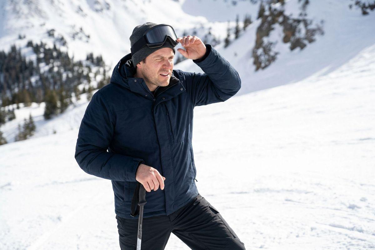 Person in navy winter jacket adjusts goggles atop head while standing on snowy mountain slope, squinting in sunlight.