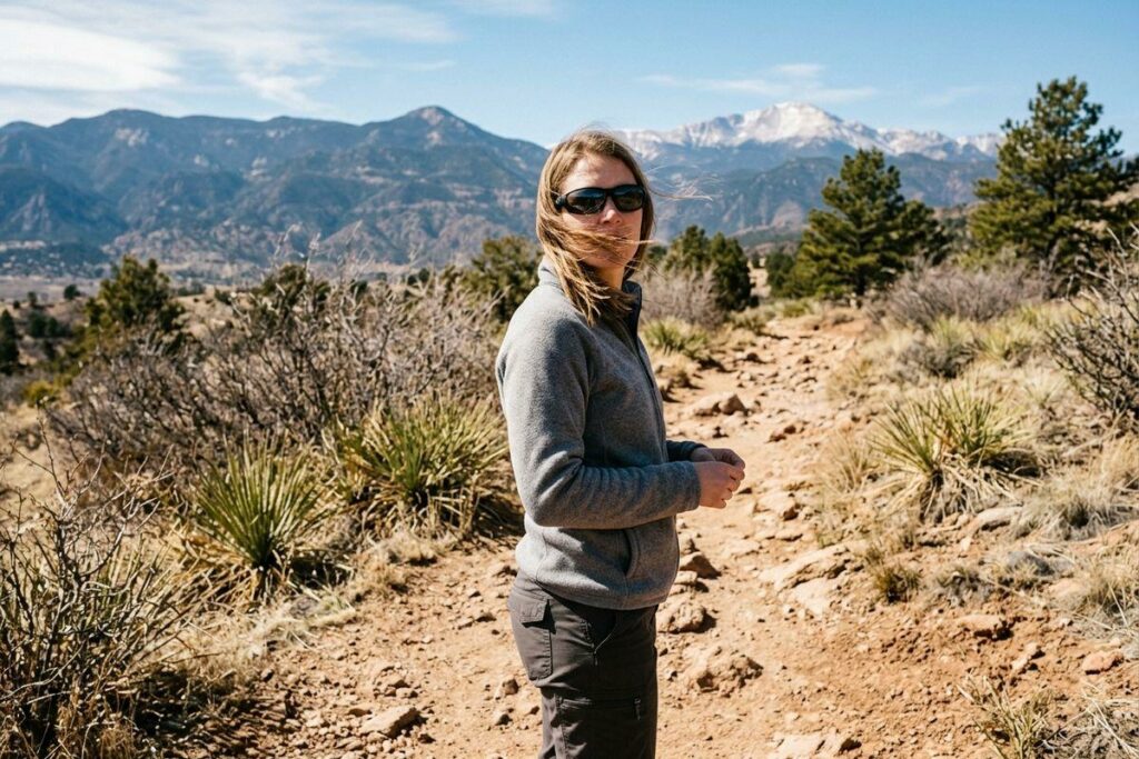 Person in sunglasses walking a rocky desert trail, wind blowing hair, snow-capped mountains in the background.