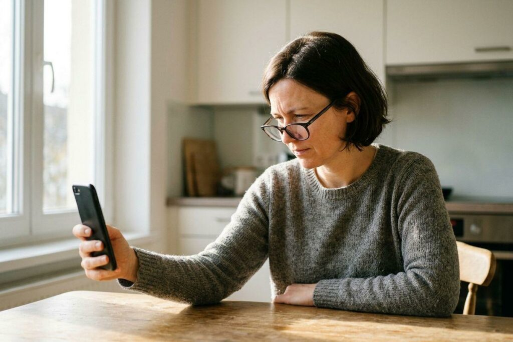 Person wearing glasses sits at a kitchen table, holding up a smartphone and looking at the screen with a focused expression.