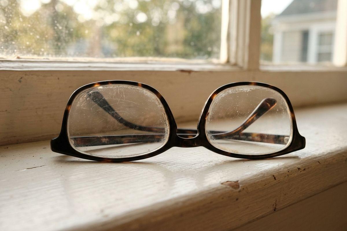 Tortoiseshell-frame eyeglasses resting on a wooden windowsill, with a blurred outdoor view in the background.