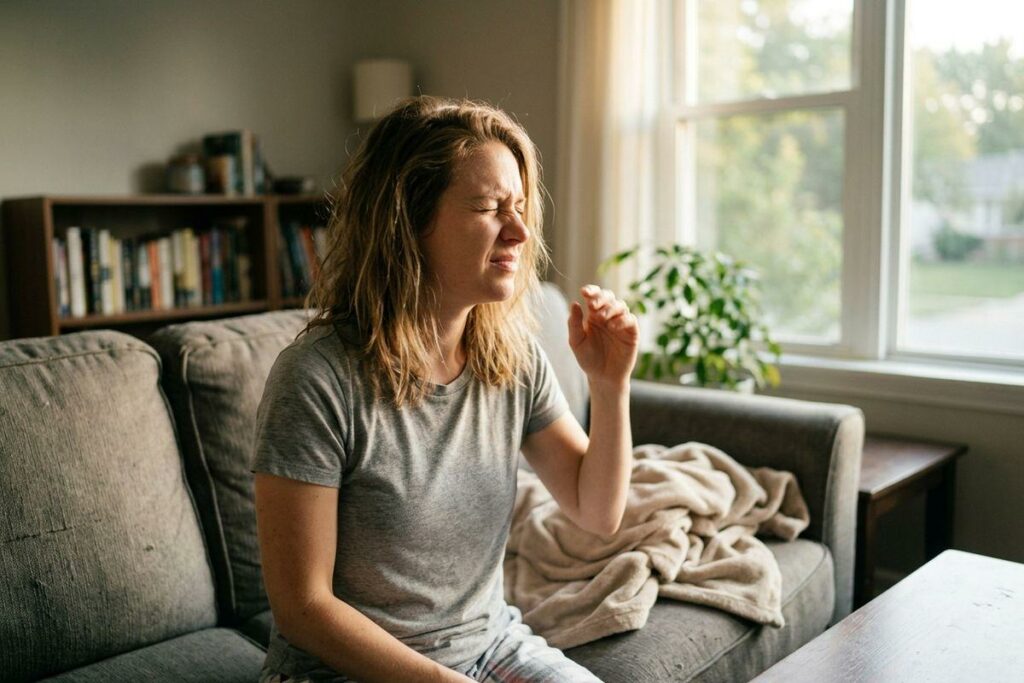 Adult sitting on a couch at home, eyes closed and grimacing while covering face with raised hand, sunlit window behind.