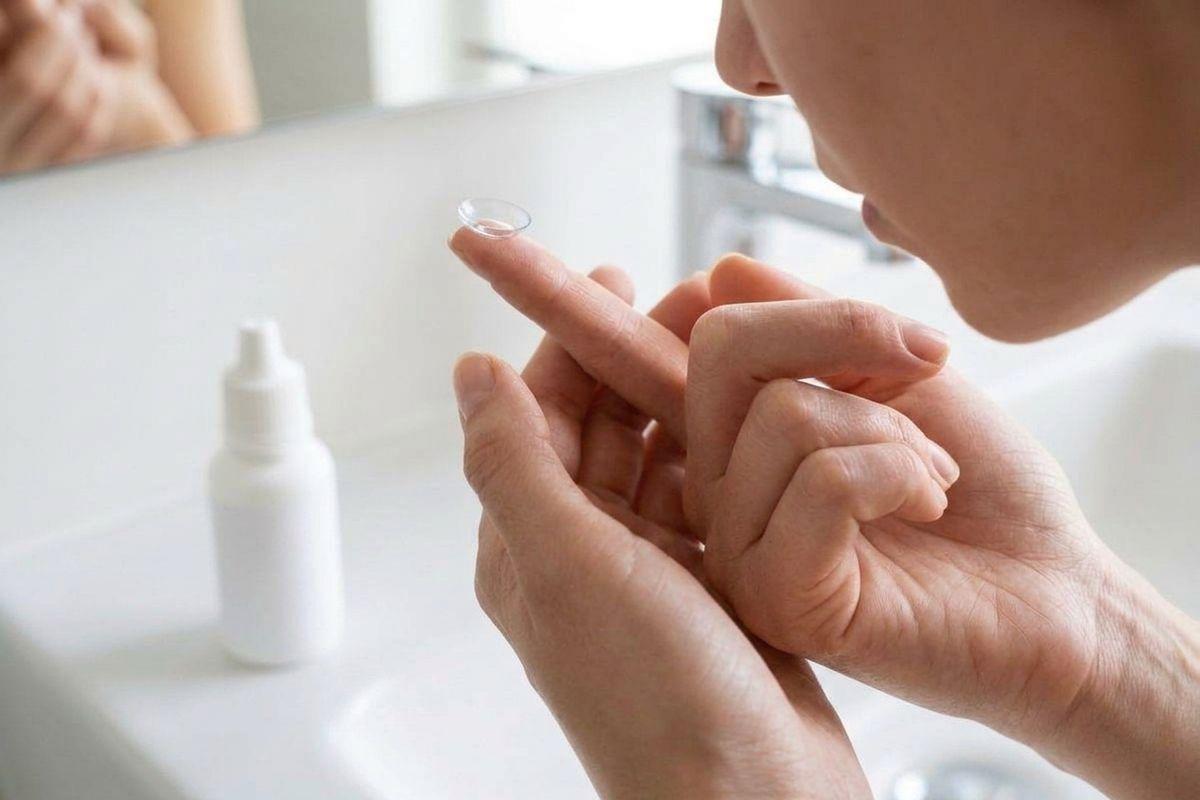 Close-up of a person holding a contact lens on a fingertip near their eye, standing at a bathroom sink.
