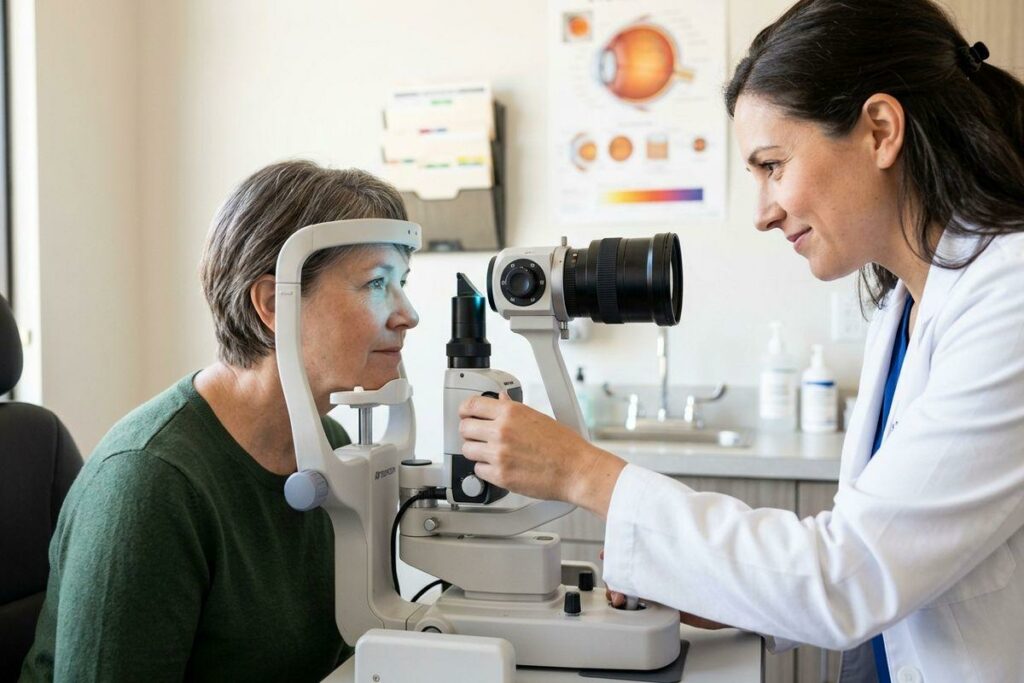 Optometrist examines a patient's eyes using a slit lamp in an exam room with an eye anatomy chart on the wall.