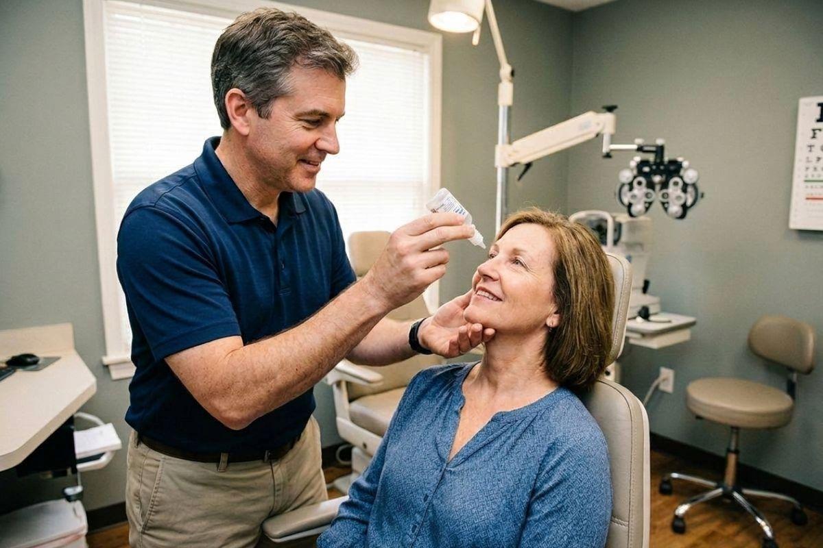 Optometrist smiling while applying eye drops to a seated patient in an exam room with vision testing equipment.